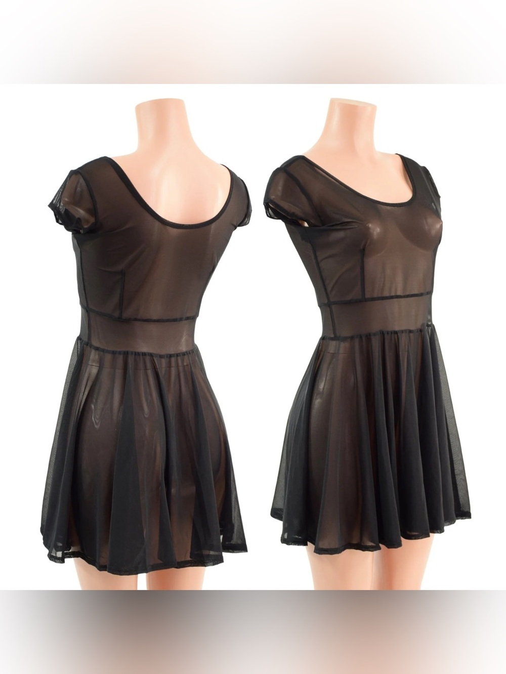 Coquetry Sheer Mesh Cap Sleeve Skater Dress - Black Size Large